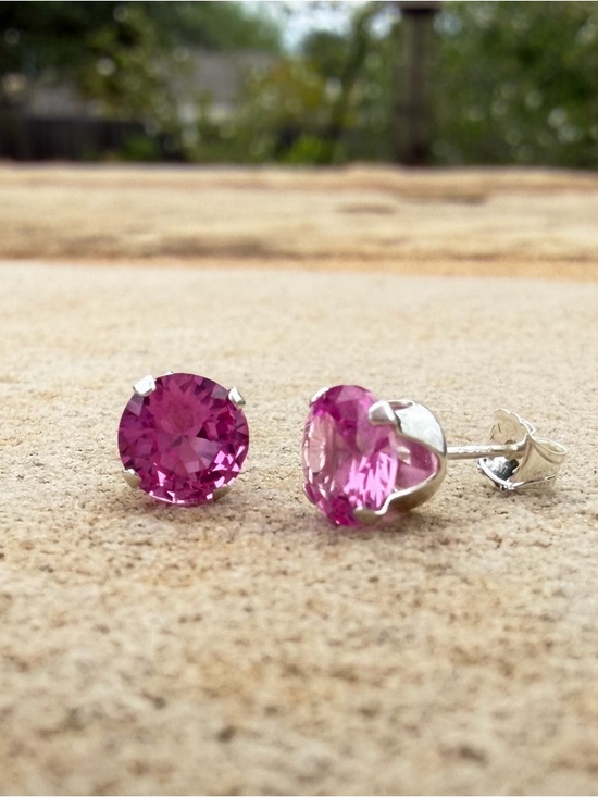 Natural Pink Sapphire Stud Earrings 6MM 925 Sterling Silver Round FaceteVibrant - Picture 4 of 5